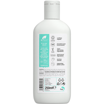 Back of Dr Organic Baby Wash 250ml bottle showing ingredients and usage directions on a white background.