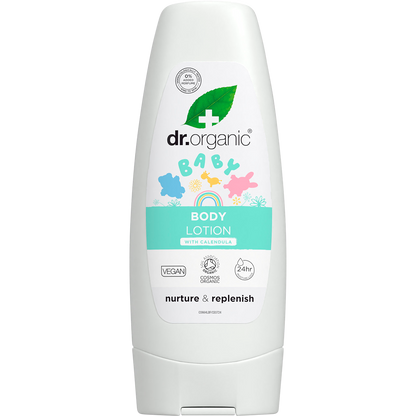 200ml tube of Dr Organic Unfragranced Baby Lotion with Organic Calendula, featuring a white and orange label.