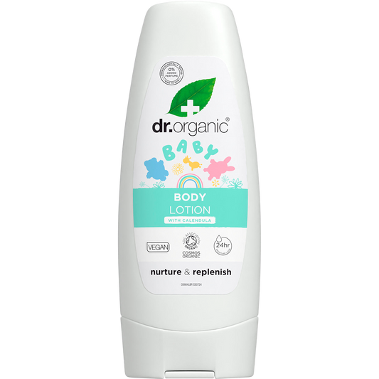 200ml tube of Dr Organic Unfragranced Baby Lotion with Organic Calendula, featuring a white and orange label.