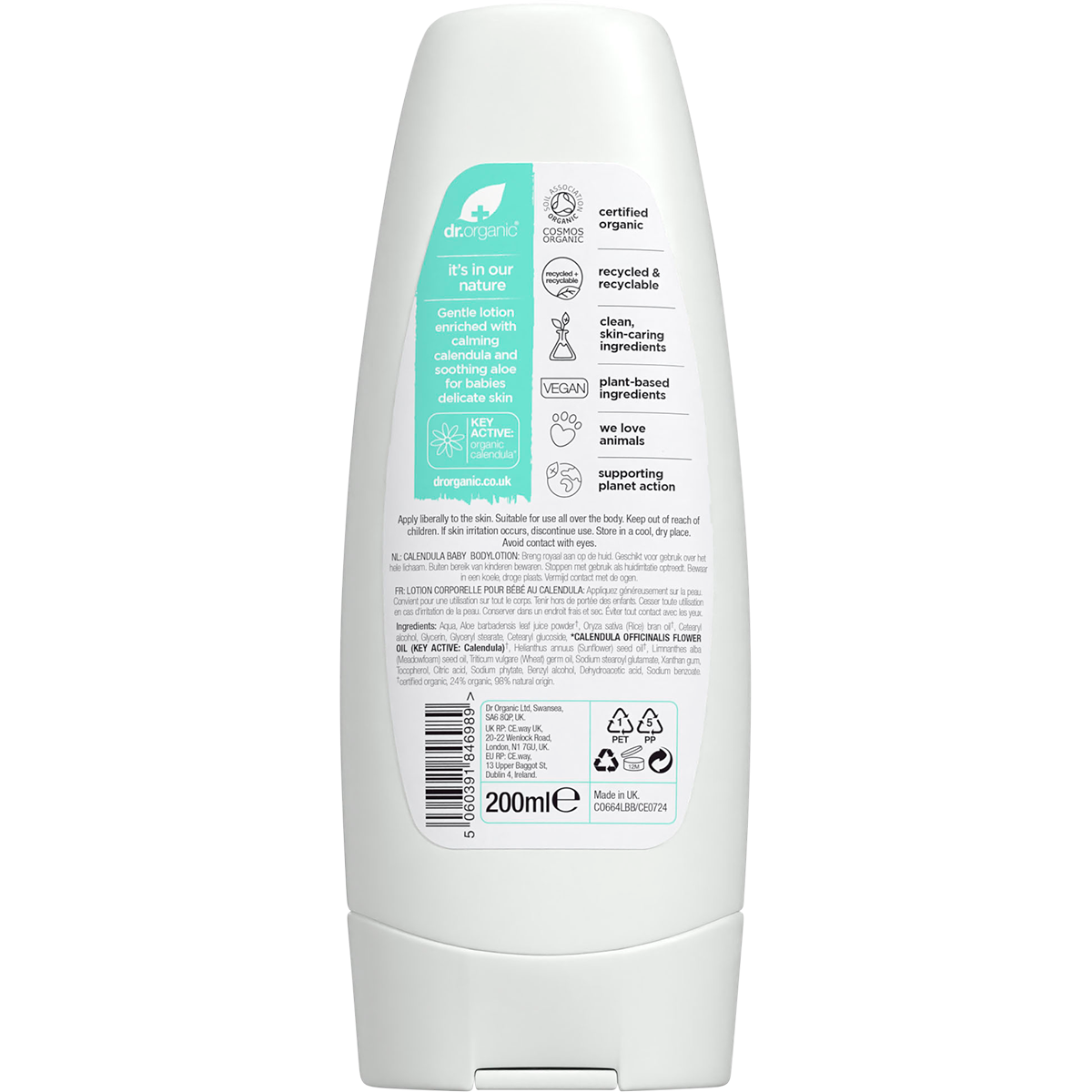 The back of a 200ml Dr Organic Calendula Baby Lotion tube showing directions and ingredients on a white background.
