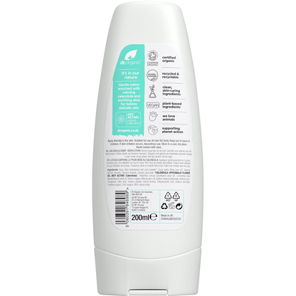 The back of a 200ml Dr Organic Calendula Baby Lotion tube showing directions and ingredients on a white background.