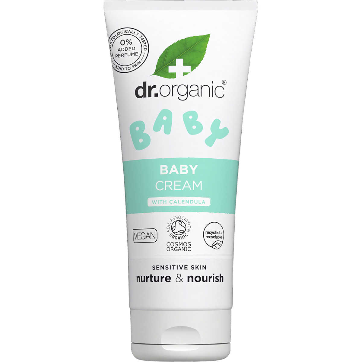 50ml tube of Dr Organic Baby Cream with Calendula, a fragrance-free moisturizer for sensitive skin.