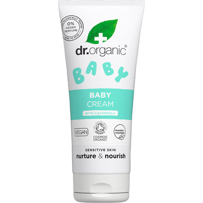 50ml tube of Dr Organic Baby Cream with Calendula, a fragrance-free moisturizer for sensitive skin.