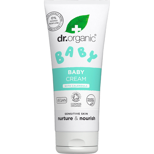 50ml tube of Dr Organic Baby Cream with Calendula, a fragrance-free moisturizer for sensitive skin.