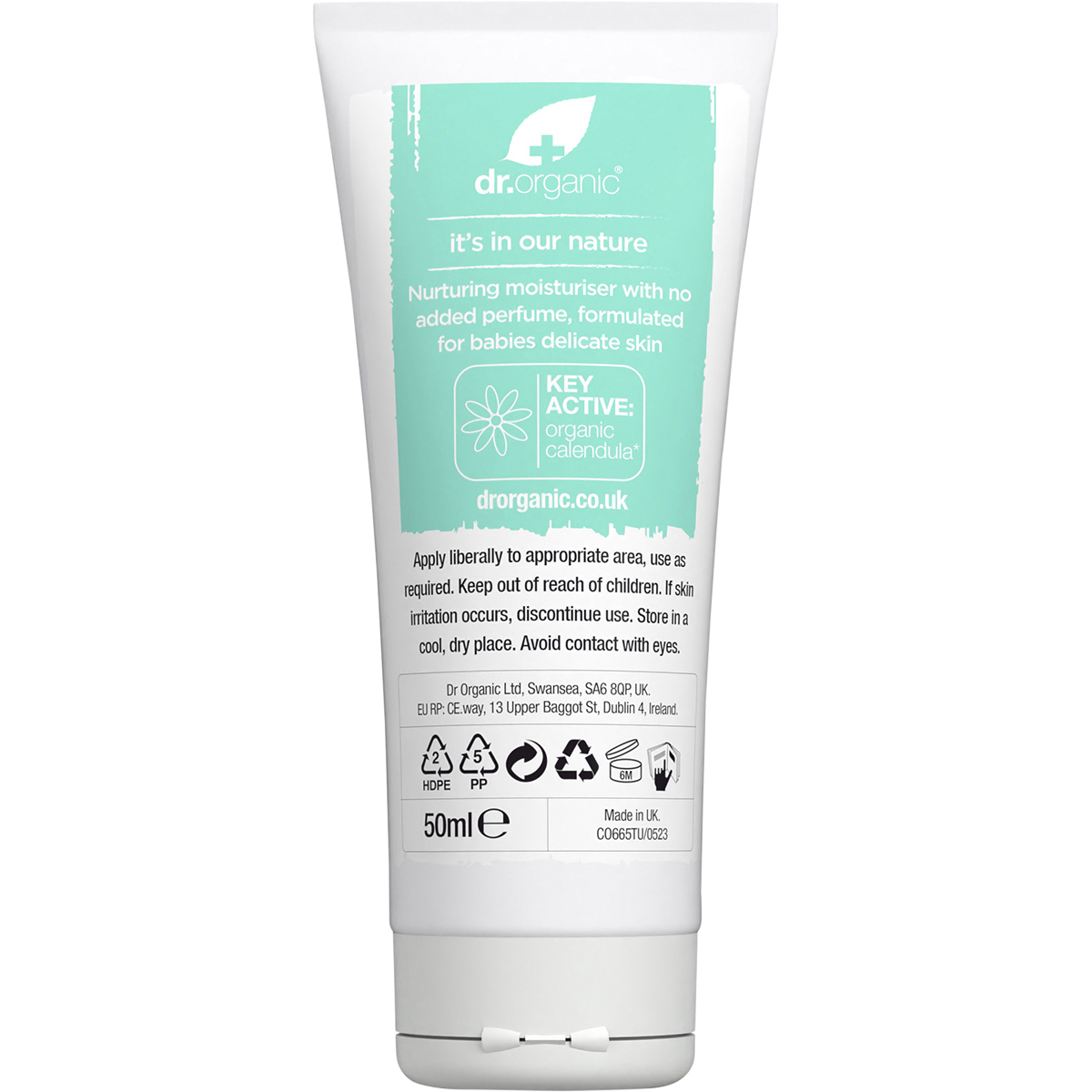 Back of Dr Organic Baby Cream 50ml tube with ingredients, directions, and benefits for sensitive skin.