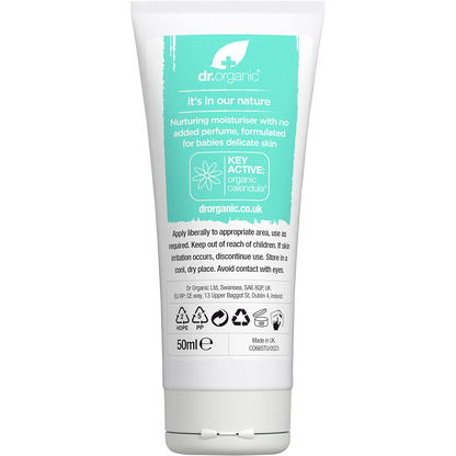 Back of Dr Organic Baby Cream 50ml tube with ingredients, directions, and benefits for sensitive skin.