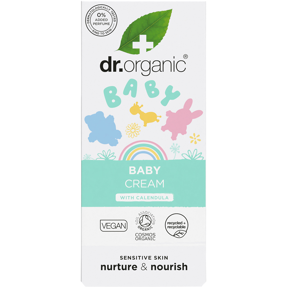 Dr Organic Baby Cream with Calendula 50ml white and orange box featuring floral illustrations on a white background.