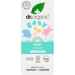 Dr Organic Baby Cream with Calendula 50ml white and orange box featuring floral illustrations on a white background.