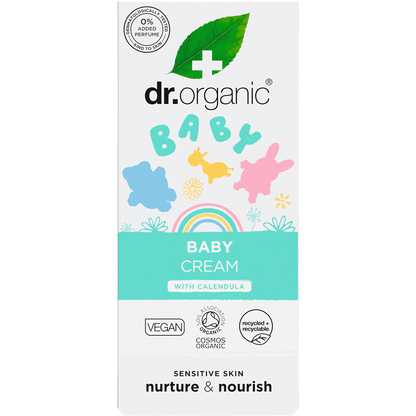Dr Organic Baby Cream with Calendula 50ml white and orange box featuring floral illustrations on a white background.