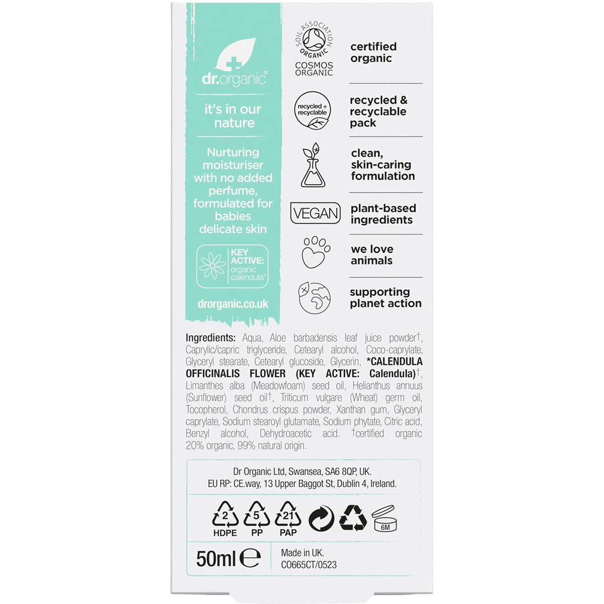 Back of Dr Organic Baby Cream box with ingredients, directions, and certifications for sensitive skin care.