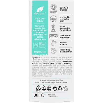Back of Dr Organic Baby Cream box with ingredients, directions, and certifications for sensitive skin care.