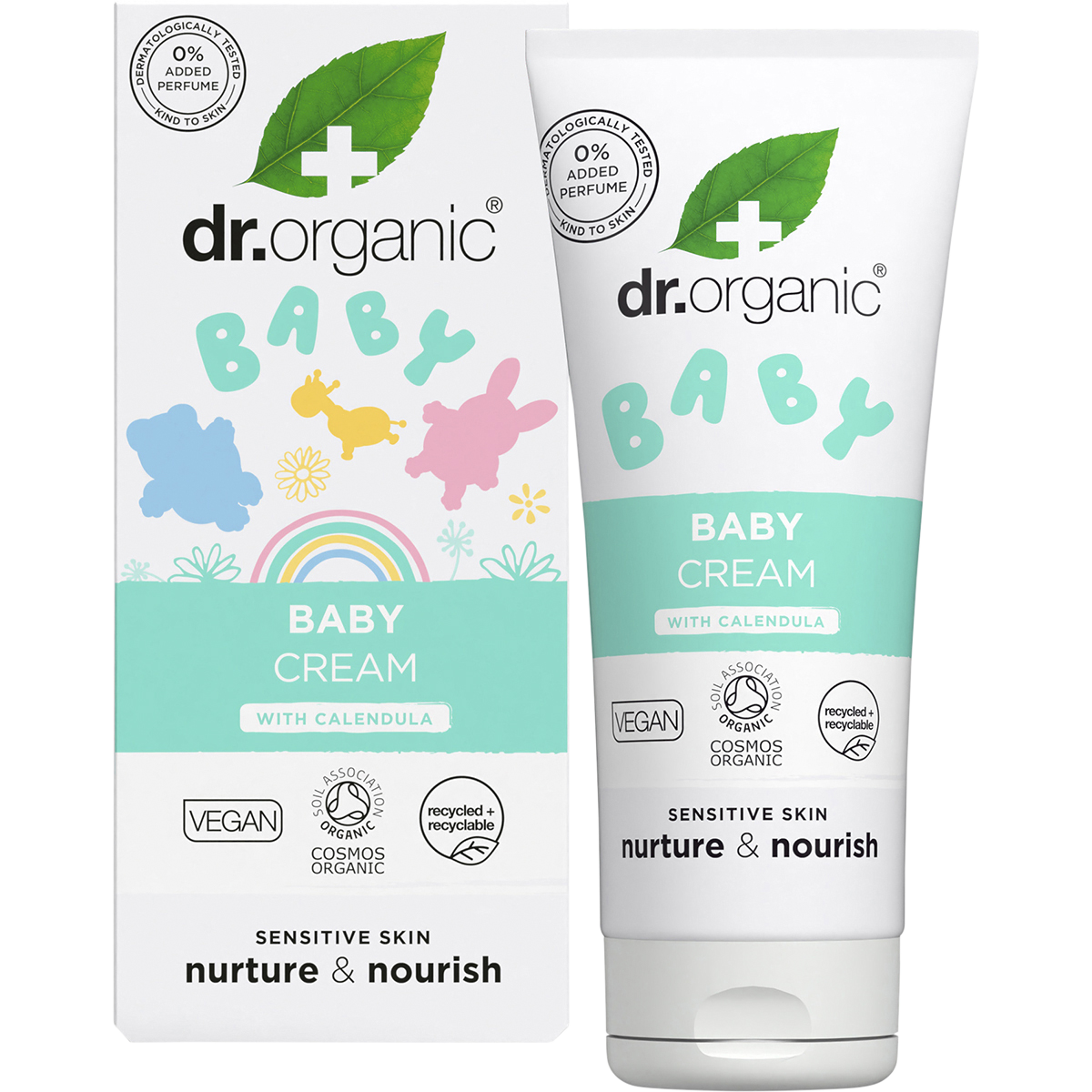 Dr Organic Baby Cream with Calendula 50ml tube and box displayed together on a white background.