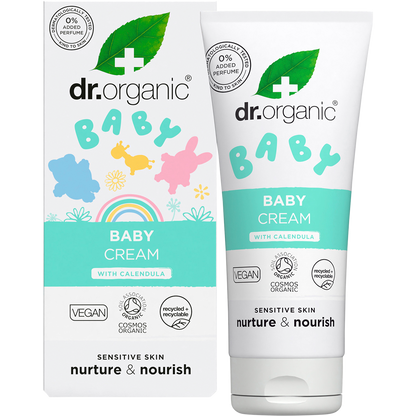 Dr Organic Baby Cream with Calendula 50ml tube and box displayed together on a white background.