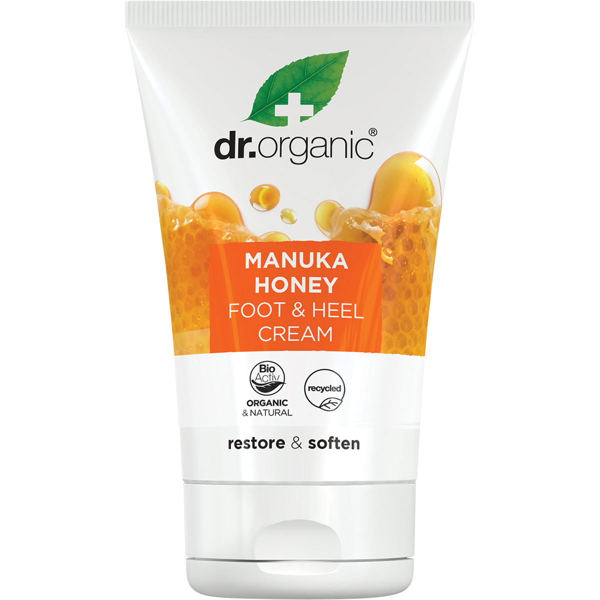 125ml tube of Dr Organic Manuka Honey Foot and Heel Cream with bioactive organic ingredients on a white background.