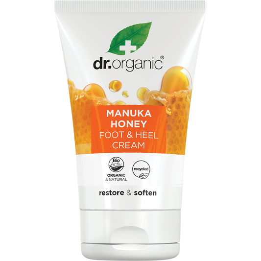 125ml tube of Dr Organic Manuka Honey Foot and Heel Cream with bioactive organic ingredients on a white background.