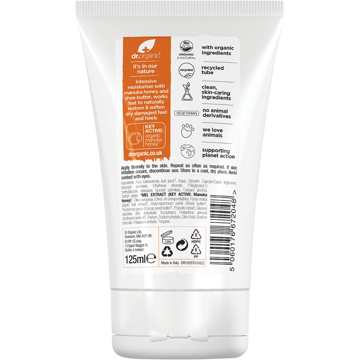 Back of a 125ml Dr Organic Manuka Honey Foot and Heel Cream tube showing directions and ingredients.