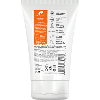 Back of a 125ml Dr Organic Manuka Honey Foot and Heel Cream tube showing directions and ingredients.