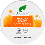 200ml tub of Dr Organic Manuka Honey Body Butter with a white lid and yellow label on a white background.