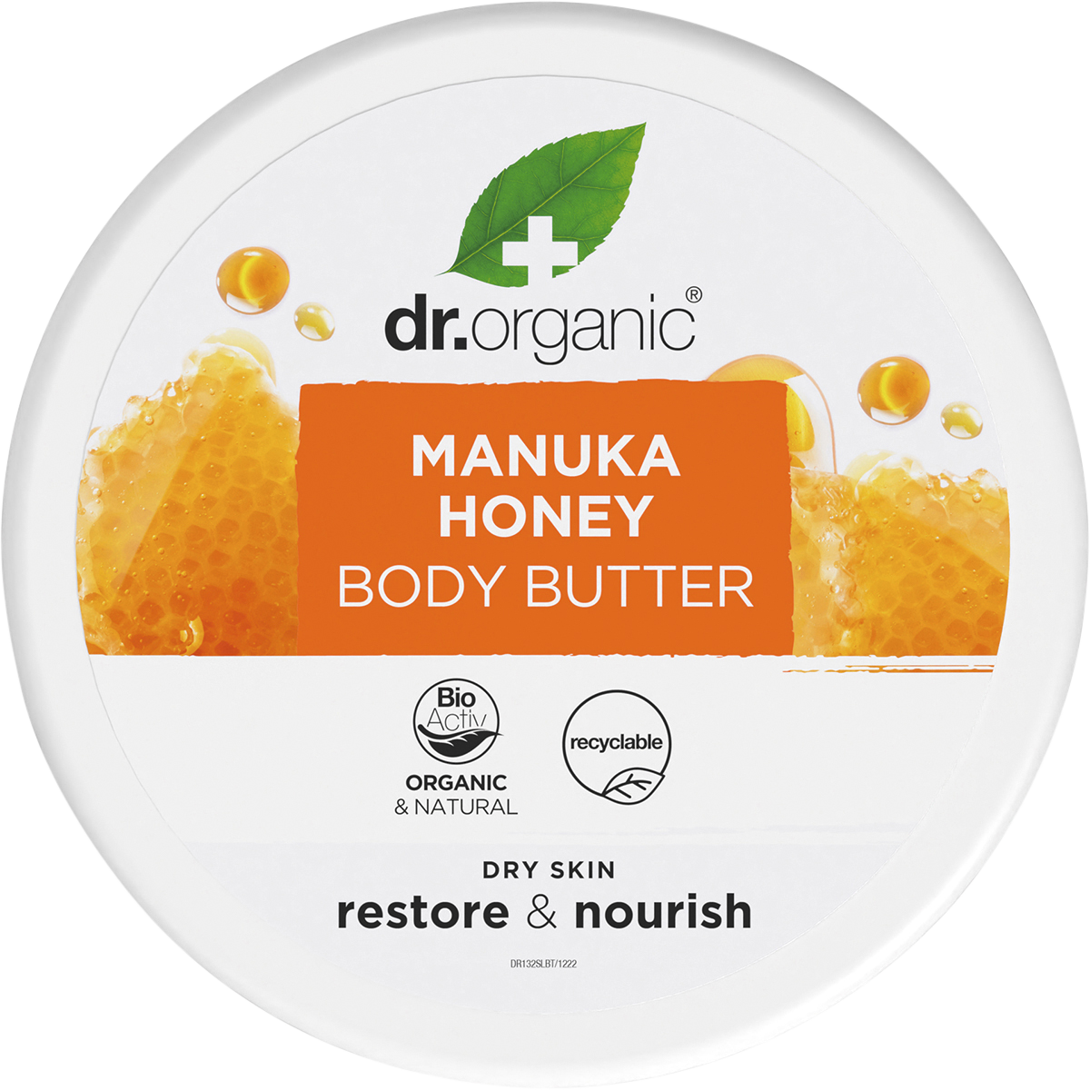 200ml tub of Dr Organic Manuka Honey Body Butter with a white lid and yellow label on a white background.