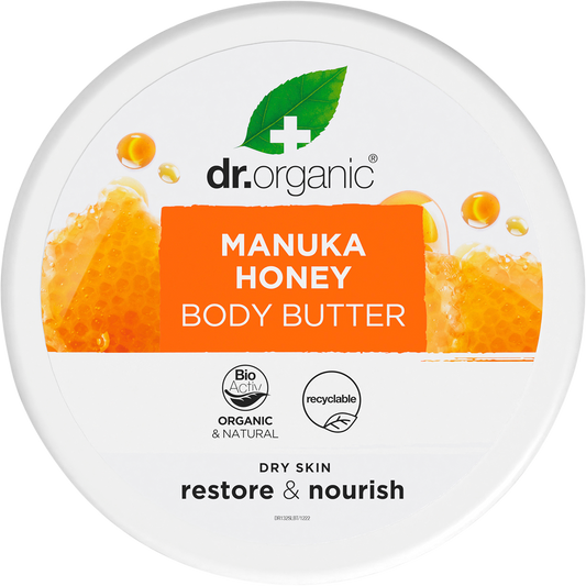 200ml tub of Dr Organic Manuka Honey Body Butter with a white lid and yellow label on a white background.
