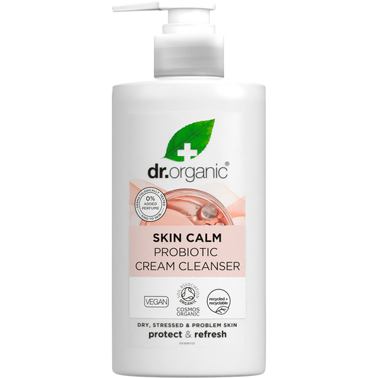 150ml tube of Dr Organic Skin Calm Probiotic Cream Cleanser for dry and sensitive skin on a white background.