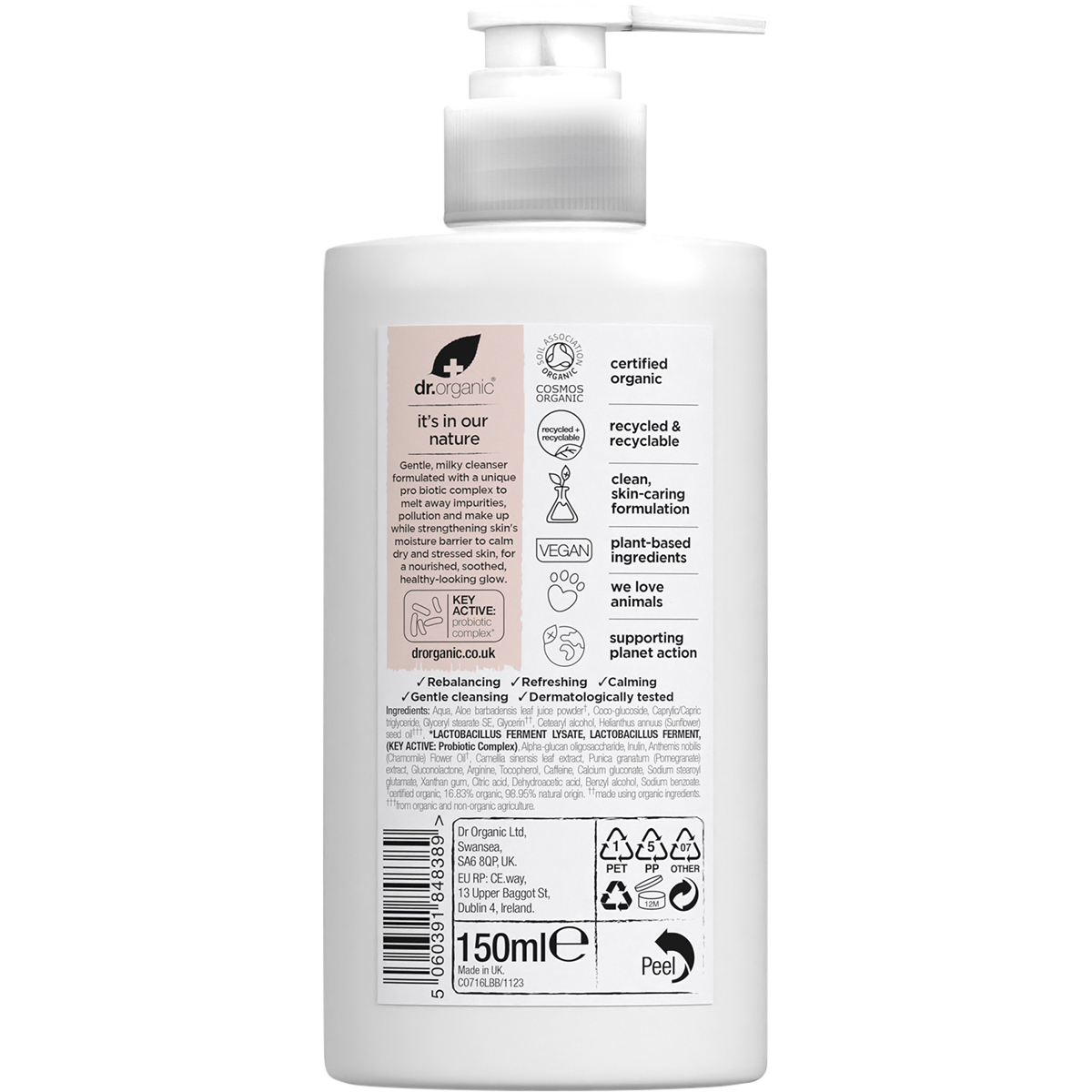 Back of 150ml Dr Organic Skin Calm Probiotic Cream Cleanser tube with ingredients and directions on a white background.
