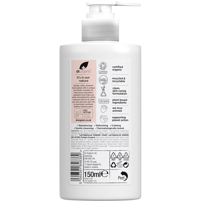 Back of 150ml Dr Organic Skin Calm Probiotic Cream Cleanser tube with ingredients and directions on a white background.