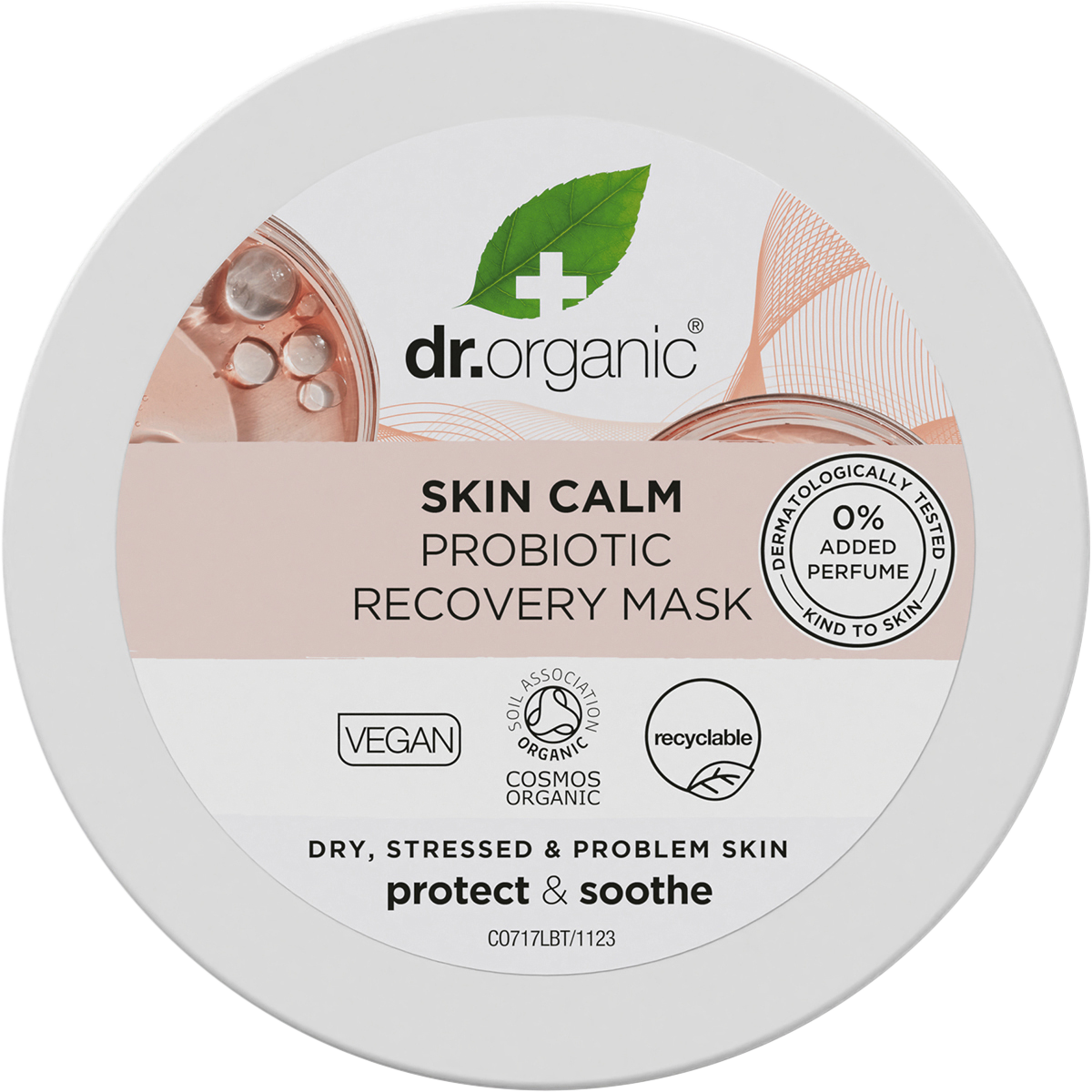 Dr Organic Skin Calm Probiotic Recovery Mask 100ml tub with a white label and green botanical illustrations.