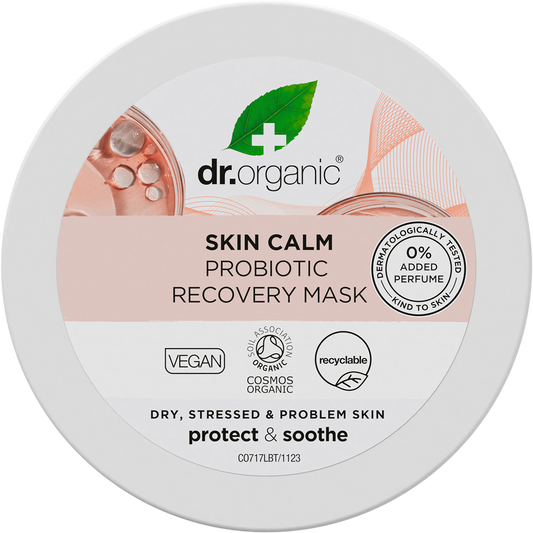 Dr Organic Skin Calm Probiotic Recovery Mask 100ml tub with a white label and green botanical illustrations.