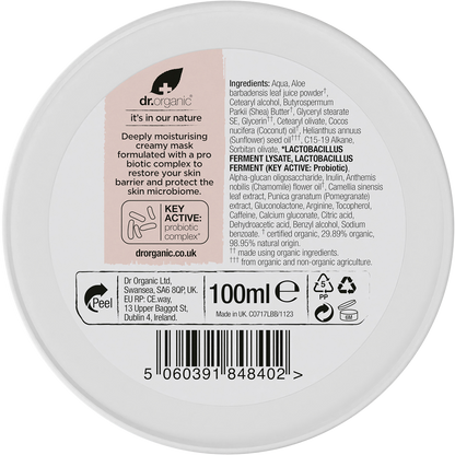 Back view of a 100ml Dr Organic Skin Calm Probiotic Recovery Mask tub with ingredients and directions on a white label.