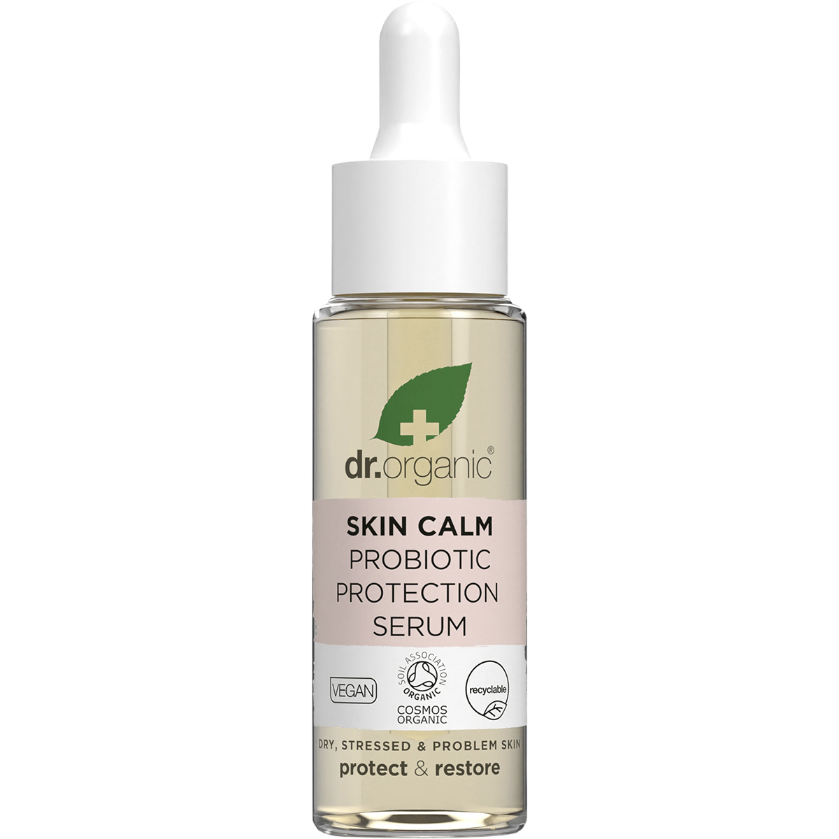 Dr Organic Skin Calm Probiotic Protection Serum 30ml bottle with a white dropper lid on a white background.