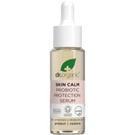 Dr Organic Skin Calm Probiotic Protection Serum 30ml bottle with a white dropper lid on a white background.