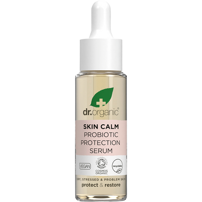 Dr Organic Skin Calm Probiotic Protection Serum 30ml bottle with a white dropper lid on a white background.