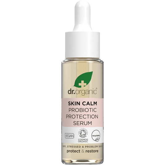 Dr Organic Skin Calm Probiotic Protection Serum 30ml bottle with a white dropper lid on a white background.