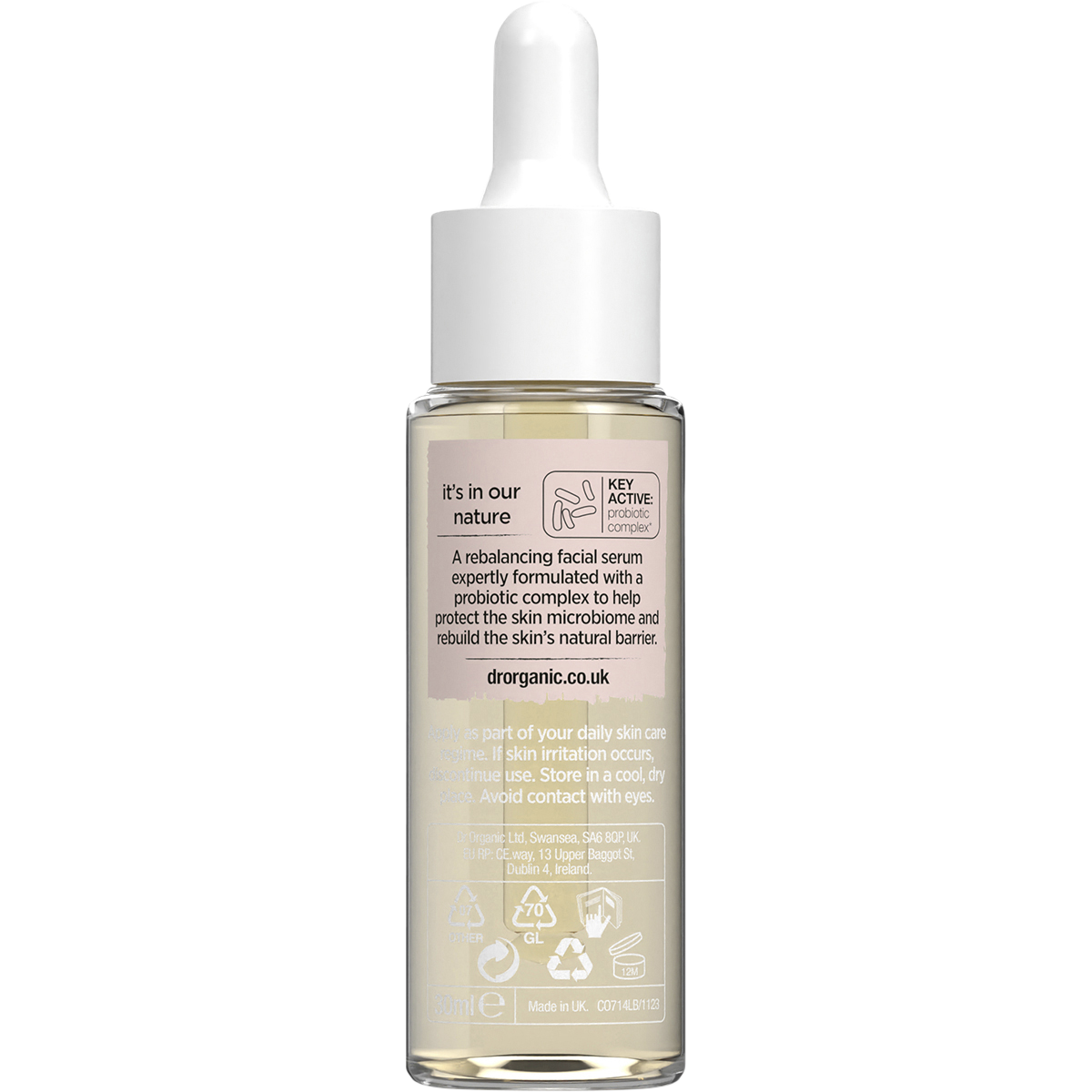 Back of Dr Organic Skin Calm Probiotic Protection Serum 30ml bottle with ingredients and directions.