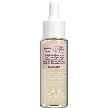 Back of Dr Organic Skin Calm Probiotic Protection Serum 30ml bottle with ingredients and directions.