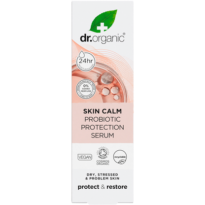 Dr Organic Skin Calm Probiotic Protection Serum 30ml product box on a white background.