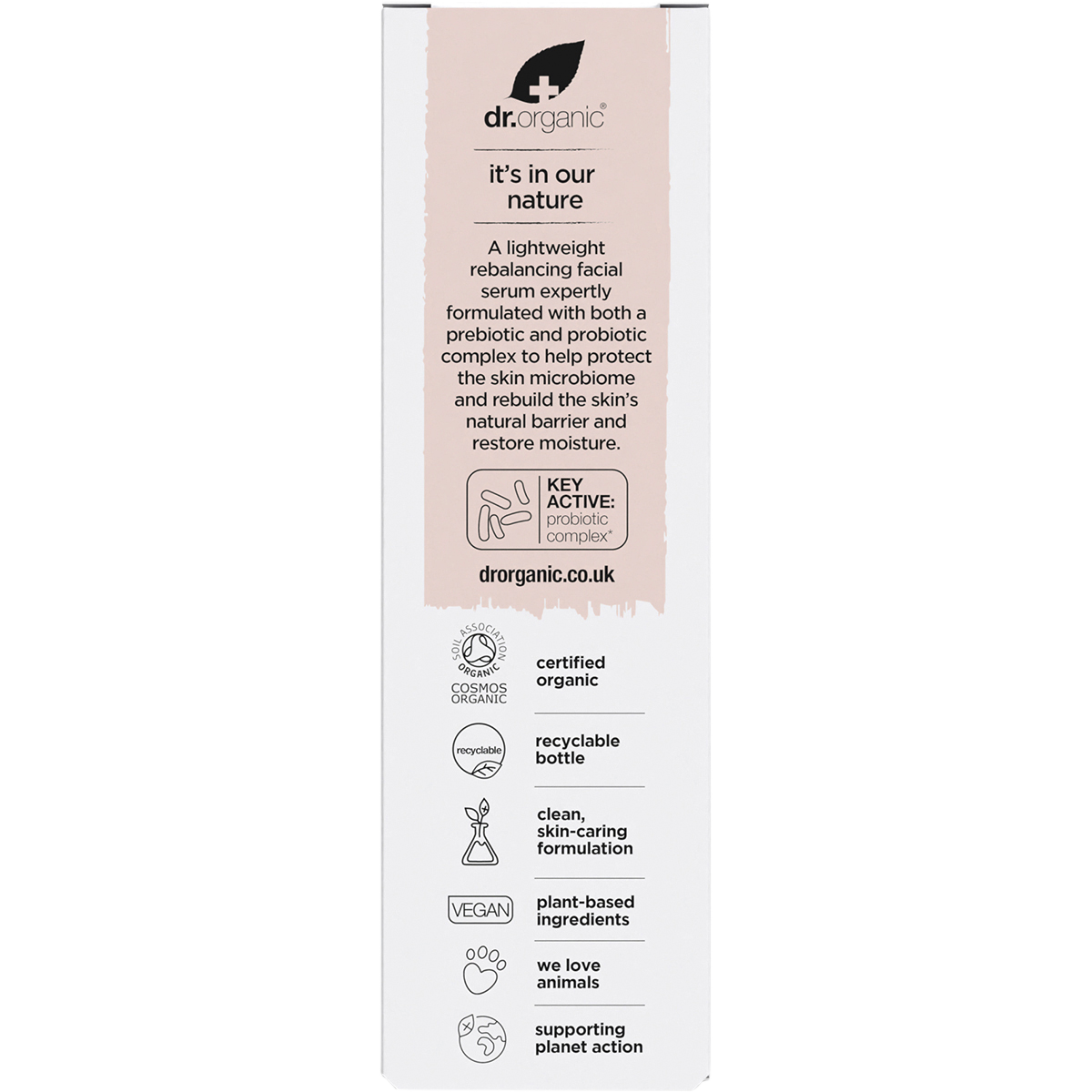 Back of Dr Organic Skin Calm Probiotic Protection Serum box with nutrition facts, ingredients, and directions.