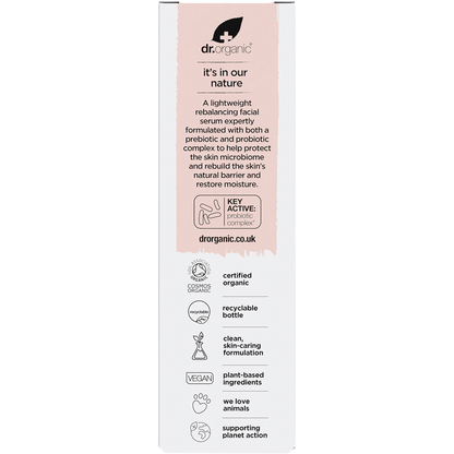 Back of Dr Organic Skin Calm Probiotic Protection Serum box with nutrition facts, ingredients, and directions.