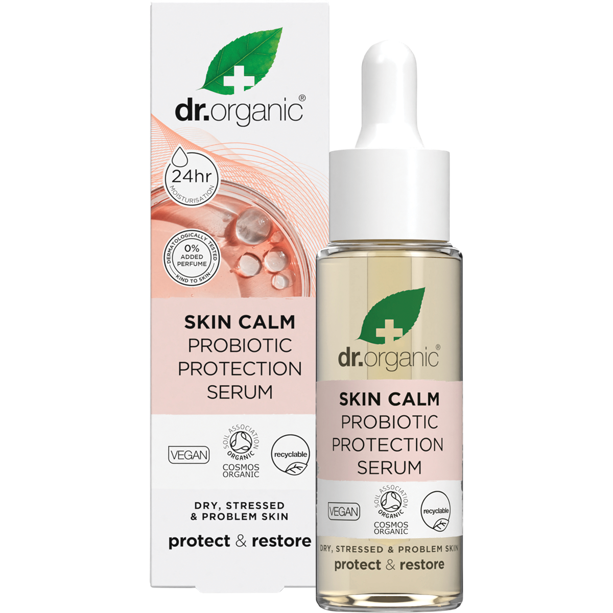 Dr Organic Skin Calm Probiotic Protection Serum 30ml bottle and product box set on a white background.