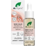 Dr Organic Skin Calm Probiotic Protection Serum 30ml bottle and product box set on a white background.
