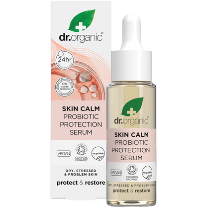 Dr Organic Skin Calm Probiotic Protection Serum 30ml bottle and product box set on a white background.