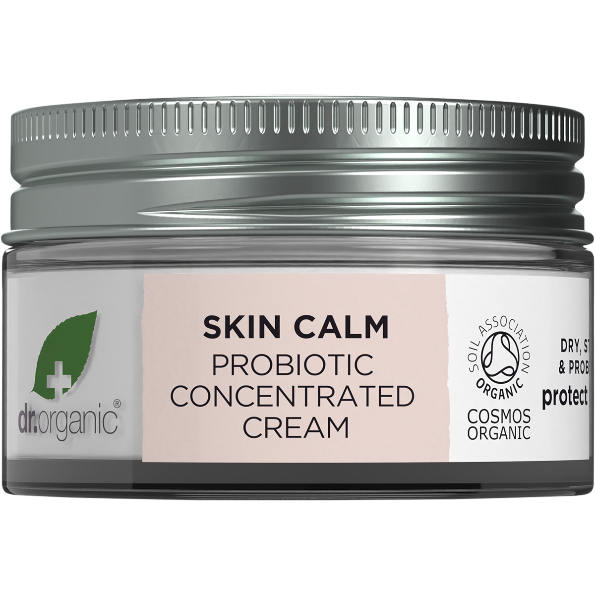 Dr Organic Skin Calm Probiotic Concentrated Cream 50ml glass jar with a white lid on a white background.