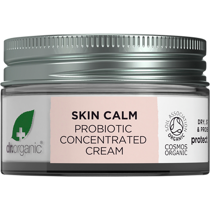 Dr Organic Skin Calm Probiotic Concentrated Cream 50ml glass jar with a white lid on a white background.