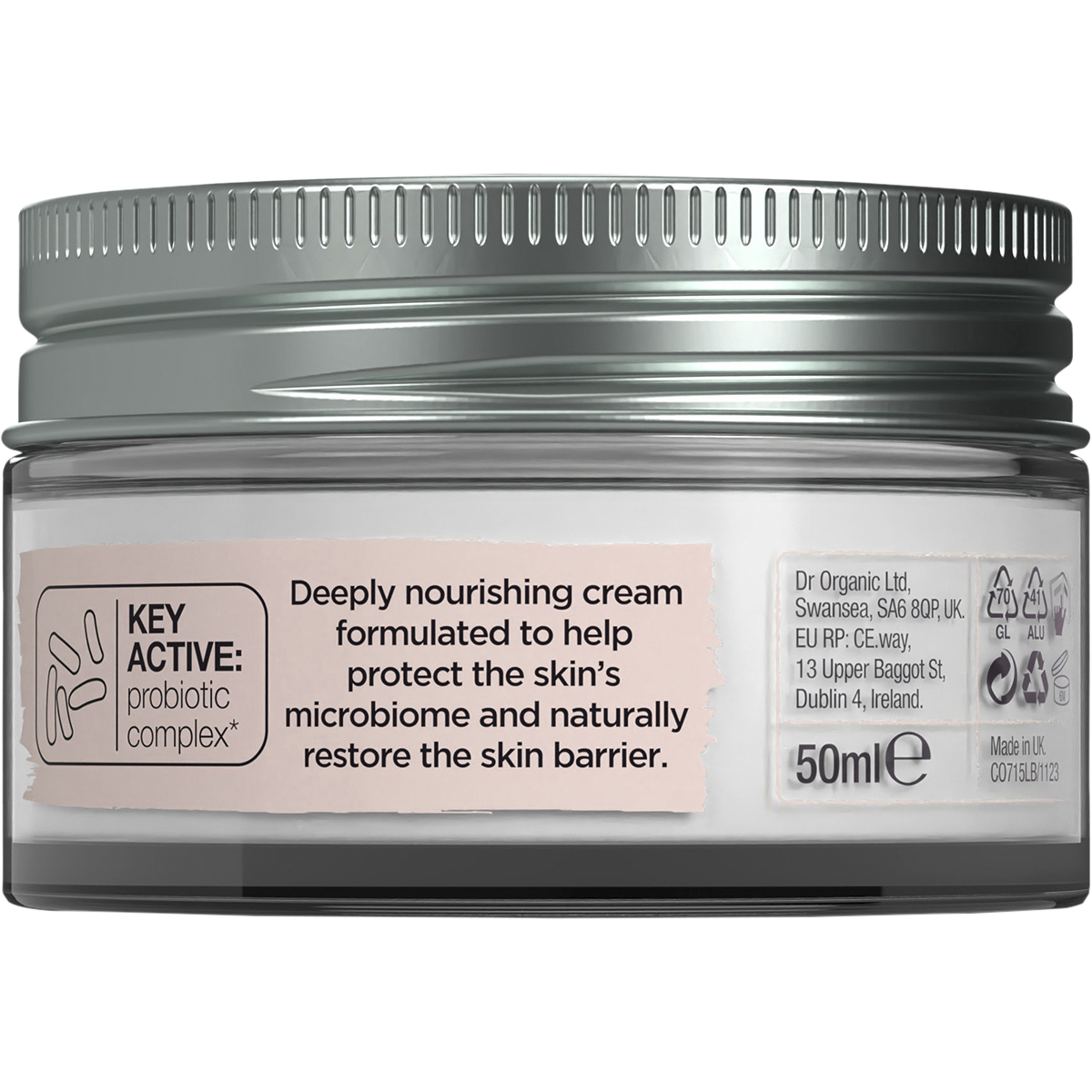 Back of Dr Organic Skin Calm Probiotic Concentrated Cream jar with product benefits and usage instructions.
