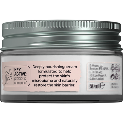Back of Dr Organic Skin Calm Probiotic Concentrated Cream jar with product benefits and usage instructions.