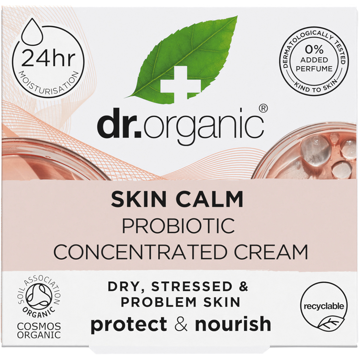 Front of Dr Organic Skin Calm Probiotic Concentrated Cream 50ml box with green accents and product details.