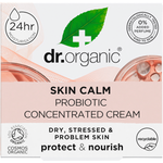 Front of Dr Organic Skin Calm Probiotic Concentrated Cream 50ml box with green accents and product details.