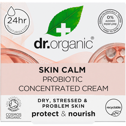 Front of Dr Organic Skin Calm Probiotic Concentrated Cream 50ml box with green accents and product details.