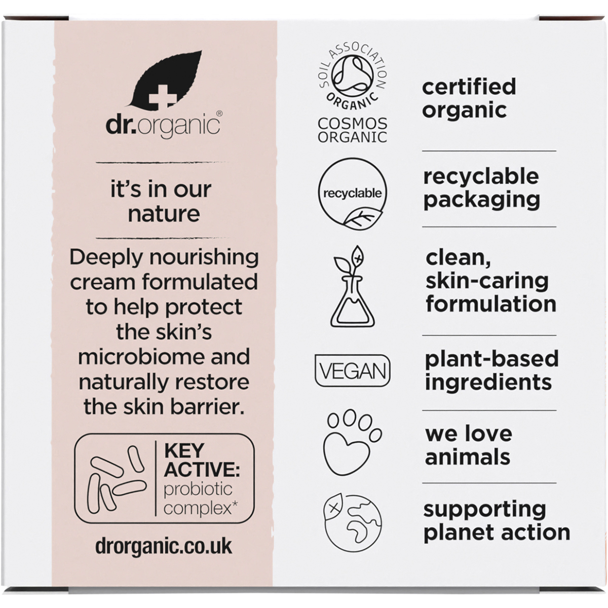 Back of the Dr Organic Skin Calm Probiotic Concentrated Cream box featuring product details and ingredient list.